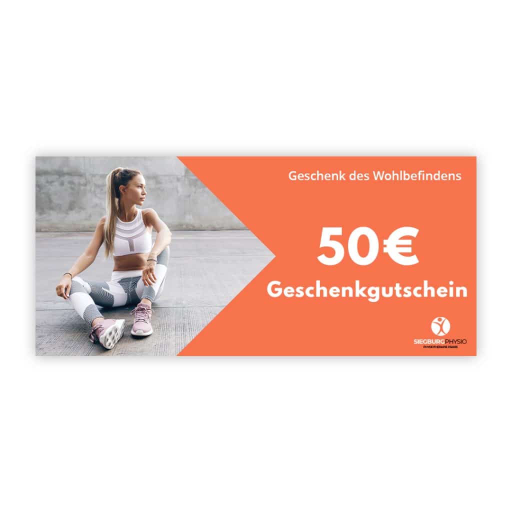 50 € Geschenkgutschein mit Sportmotiv: Frau in Trainingspause im Freien