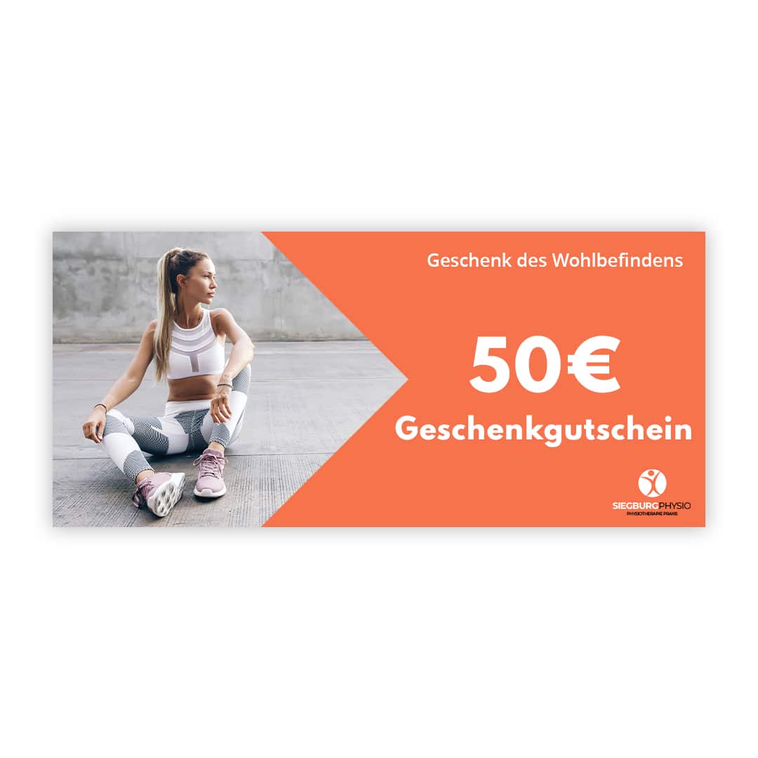 50 € Geschenkgutschein mit Sportmotiv: Frau in Trainingspause im Freien