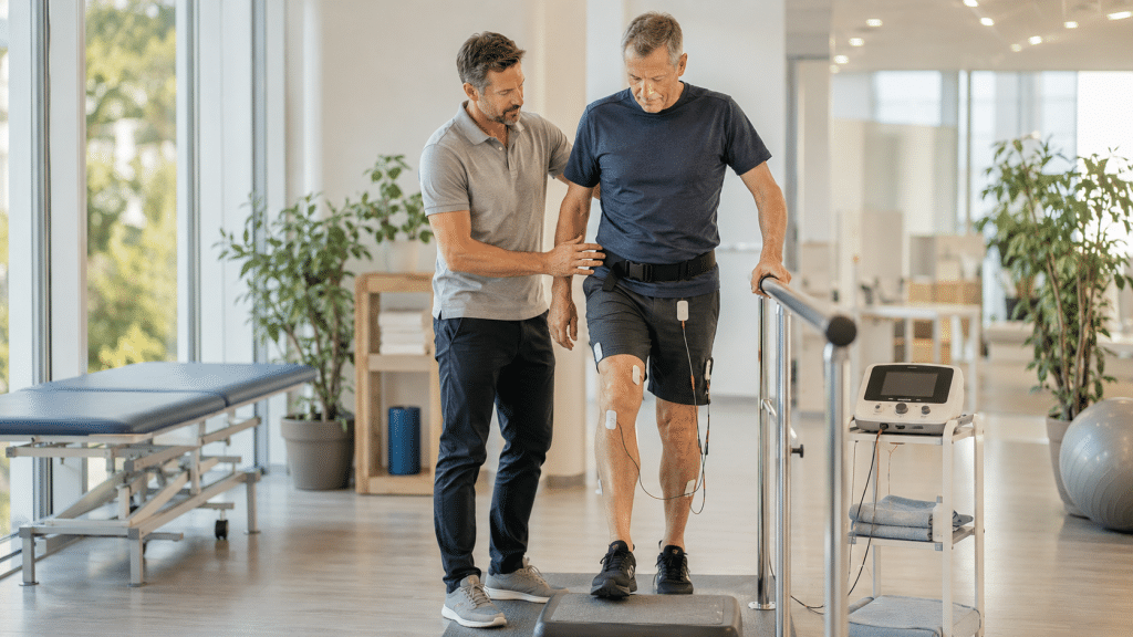 Ein Physiotherapeut begleitet einen Patienten beim neurologischen Gehtraining an einem Handlauf in einer hellen Physiotherapiepraxis.